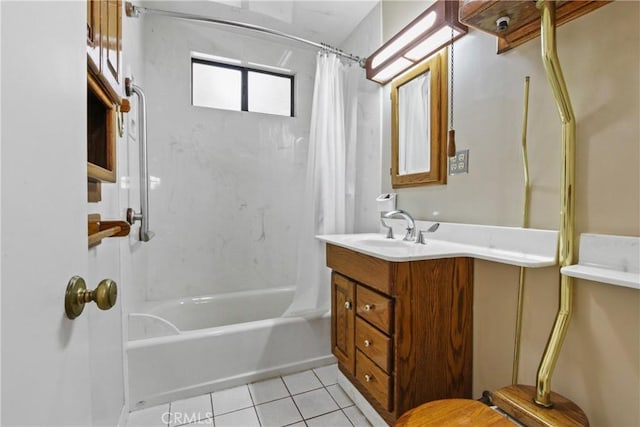 bathroom with tile patterned flooring, shower / bathtub combination with curtain, and vanity