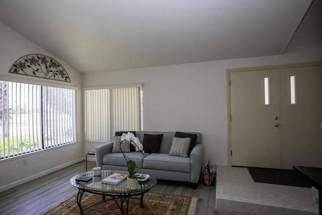 living room featuring vaulted ceiling and hardwood / wood-style floors