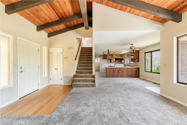 unfurnished living room with lofted ceiling with beams, wooden ceiling, light hardwood / wood-style floors, and ceiling fan