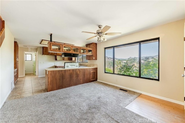 kitchen featuring ceiling fan, kitchen peninsula, and sink