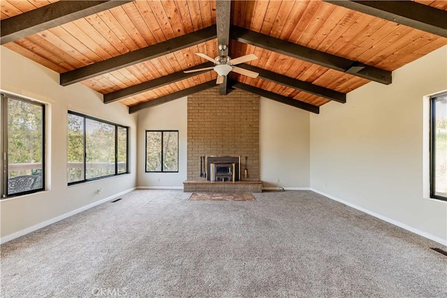 unfurnished living room with vaulted ceiling with beams, wood ceiling, and a healthy amount of sunlight