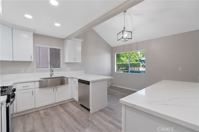 kitchen with stainless steel appliances, white cabinets, kitchen peninsula, and decorative light fixtures