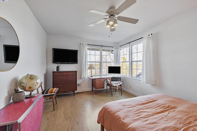 bedroom featuring ceiling fan and light wood-type flooring