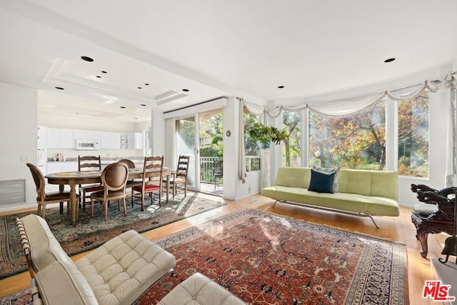 living room with light wood-type flooring, a healthy amount of sunlight, and a raised ceiling