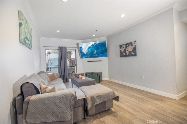 living room featuring ornamental molding and light hardwood / wood-style floors