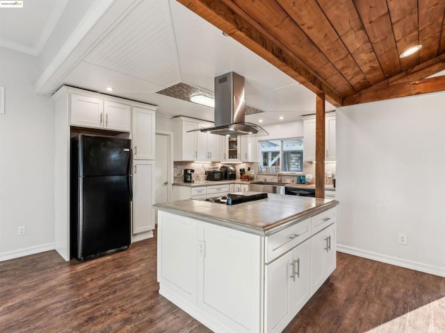 kitchen featuring island range hood, dark hardwood / wood-style flooring, black appliances, white cabinets, and a center island