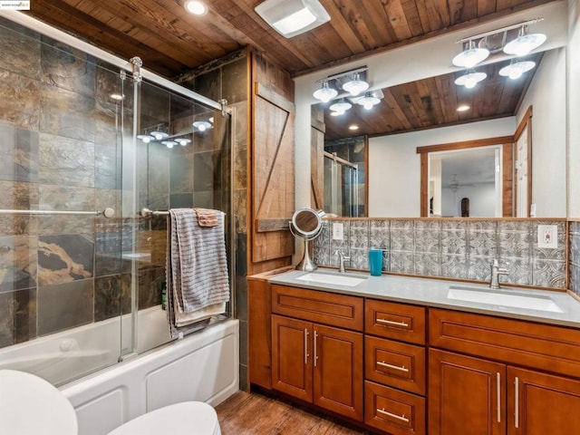 full bathroom with toilet, combined bath / shower with glass door, wood ceiling, tasteful backsplash, and wood-type flooring