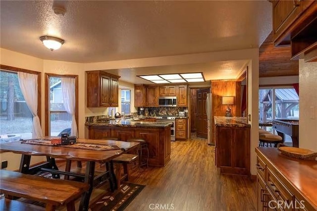 kitchen featuring hardwood / wood-style flooring, a textured ceiling, stainless steel appliances, and a healthy amount of sunlight