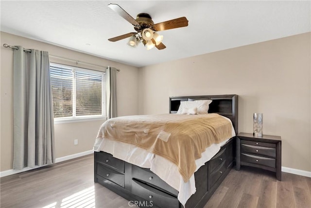 bedroom with ceiling fan and wood-type flooring