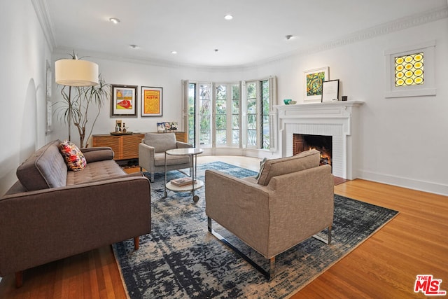 living room with hardwood / wood-style flooring, ornamental molding, and a fireplace