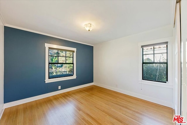 unfurnished room featuring a wealth of natural light, crown molding, and light hardwood / wood-style flooring