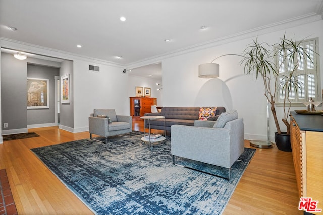 living room with crown molding and wood-type flooring