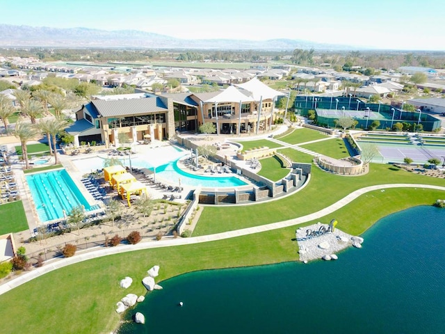 bird's eye view featuring a water and mountain view