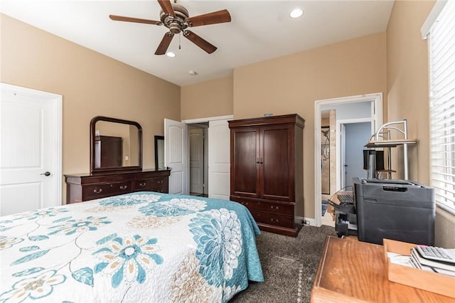 carpeted bedroom featuring ceiling fan