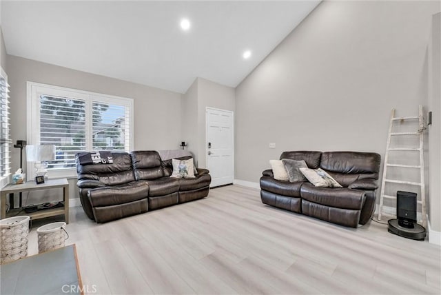 living room with light hardwood / wood-style floors and high vaulted ceiling