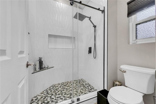 bathroom featuring toilet and a shower with door