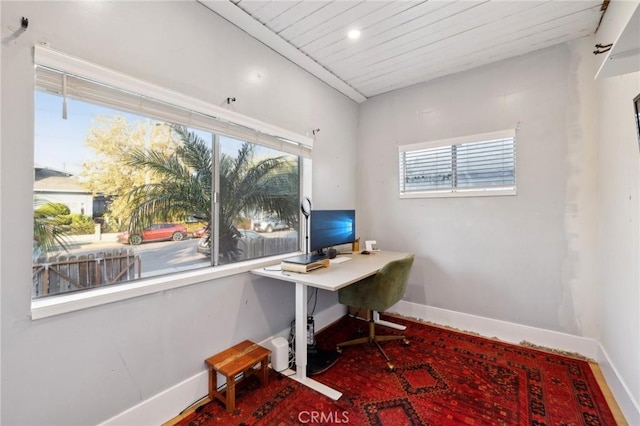 office space featuring wooden ceiling