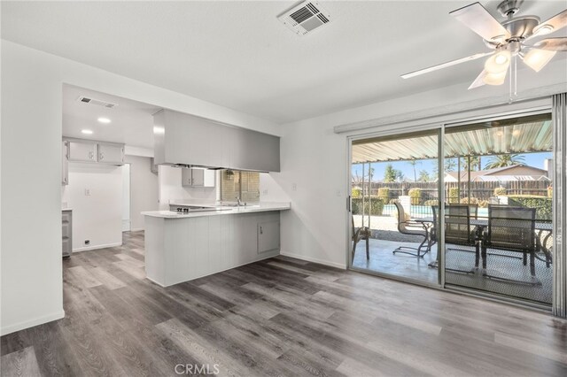 kitchen featuring dark wood-type flooring, kitchen peninsula, and ceiling fan