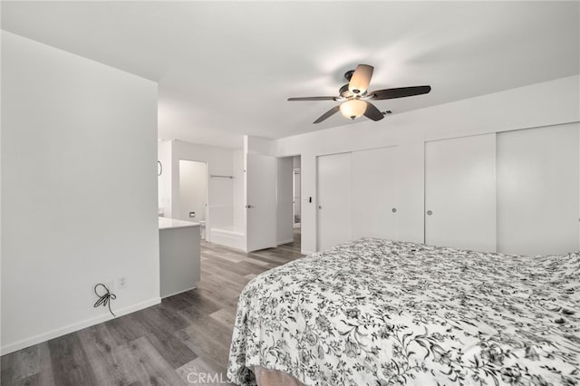 bedroom with ceiling fan, hardwood / wood-style floors, and multiple closets