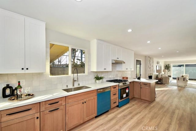 kitchen featuring white cabinetry, sink, tasteful backsplash, appliances with stainless steel finishes, and light wood-type flooring