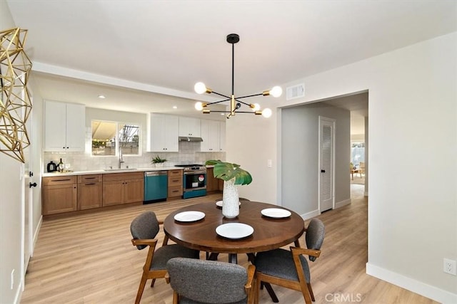 dining room featuring sink, a chandelier, and light hardwood / wood-style floors