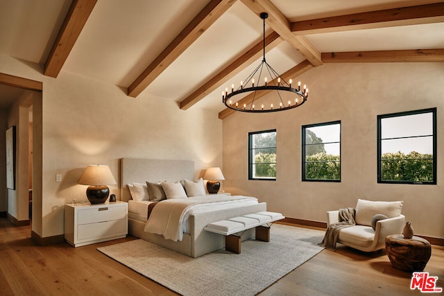 bedroom featuring high vaulted ceiling, beamed ceiling, a chandelier, and light hardwood / wood-style flooring