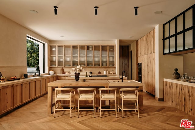 kitchen with a breakfast bar, a kitchen island with sink, sink, and light parquet floors