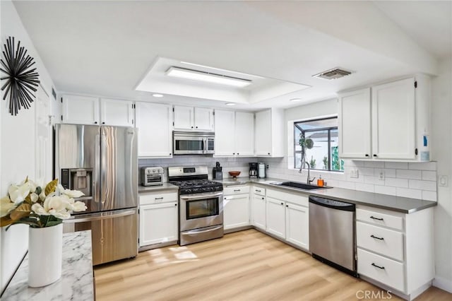 kitchen featuring tasteful backsplash, white cabinetry, appliances with stainless steel finishes, and sink