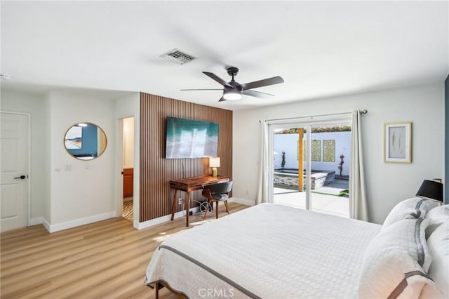 bedroom featuring ceiling fan, access to outside, and light hardwood / wood-style floors