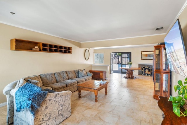 living room featuring ornamental molding