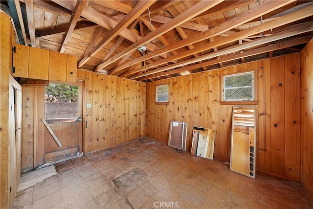 interior space with lofted ceiling, a healthy amount of sunlight, and wooden walls