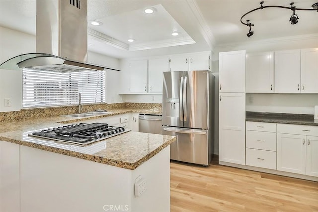 kitchen featuring appliances with stainless steel finishes, island range hood, and white cabinetry