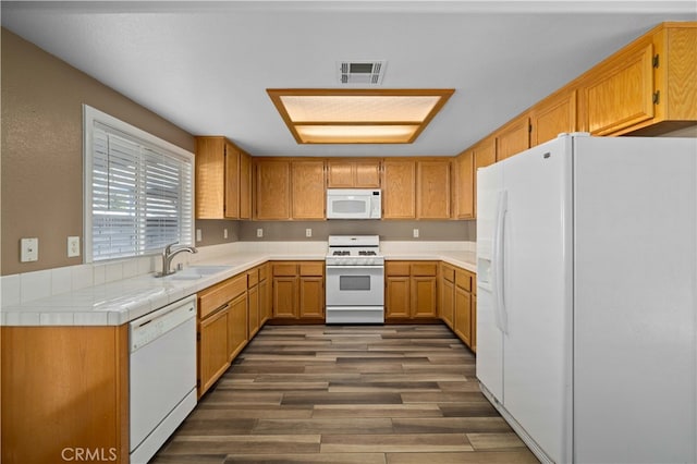 kitchen with dark hardwood / wood-style flooring, sink, and white appliances