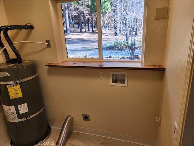 laundry area featuring water heater, hookup for a washing machine, and electric dryer hookup