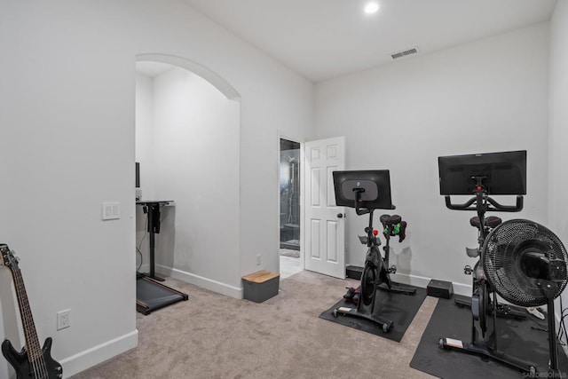 workout area featuring light carpet