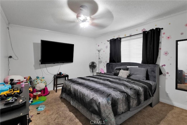 bedroom featuring ceiling fan, carpet, ornamental molding, and a textured ceiling