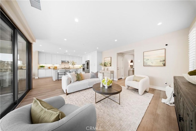 living room featuring light hardwood / wood-style floors and sink