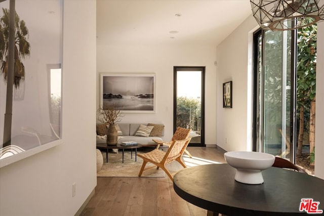 living area with hardwood / wood-style floors