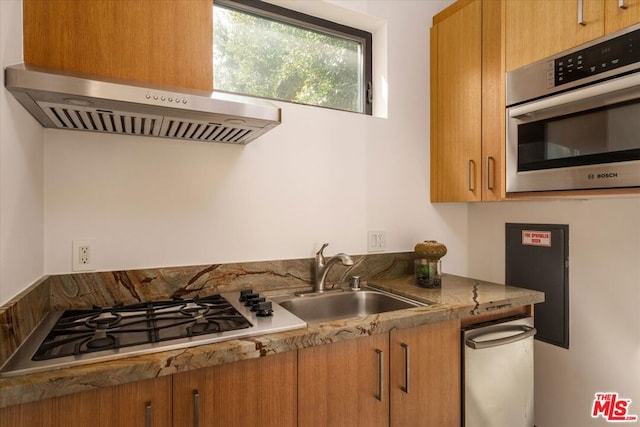 kitchen featuring exhaust hood, stainless steel gas stovetop, and sink