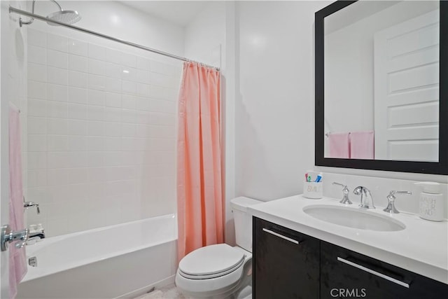 full bathroom with toilet, vanity, and shower / bathtub combination with curtain