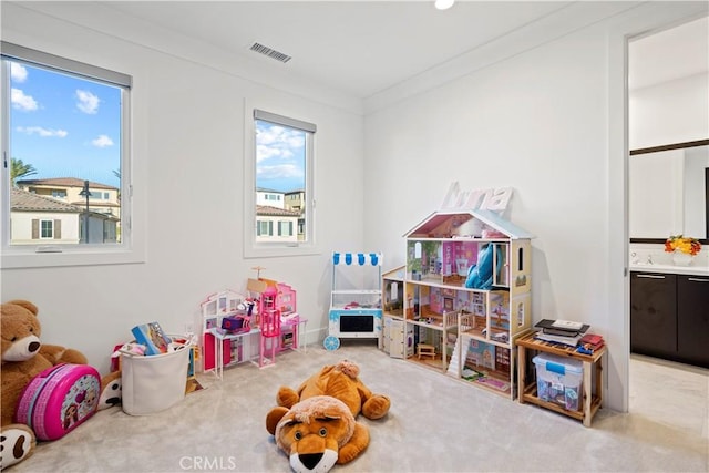 playroom with ornamental molding and carpet flooring