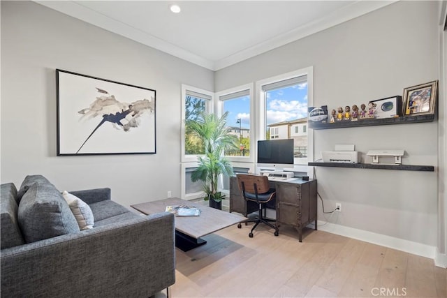 office area featuring crown molding and light wood-type flooring