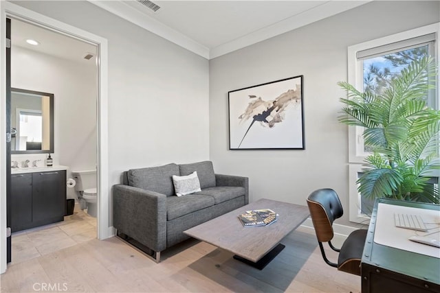 living room featuring ornamental molding, light hardwood / wood-style flooring, and sink