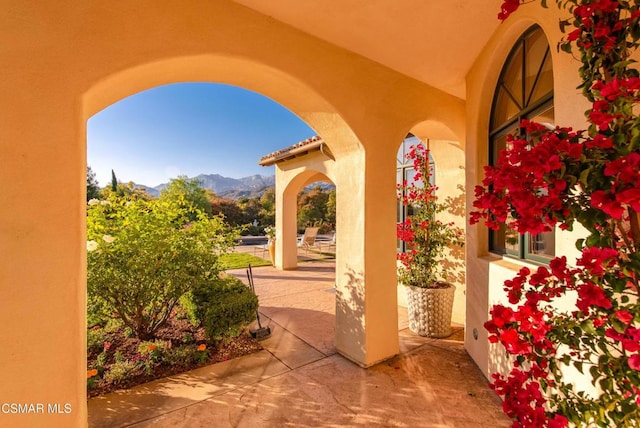 view of patio featuring a mountain view