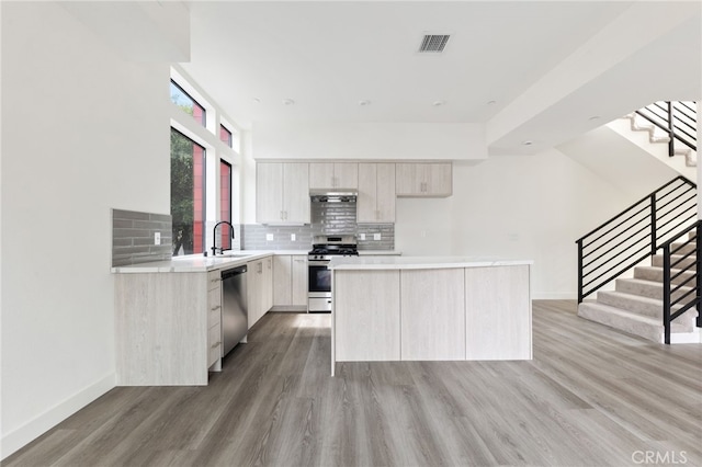 kitchen featuring a center island, stainless steel appliances, tasteful backsplash, sink, and light wood-type flooring