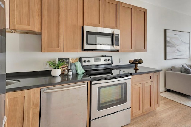 kitchen with stainless steel appliances and light hardwood / wood-style floors