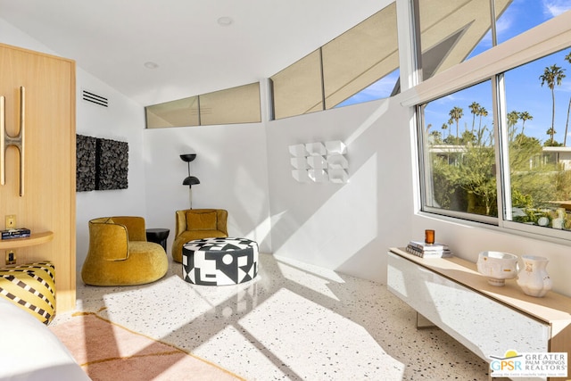 bathroom with lofted ceiling