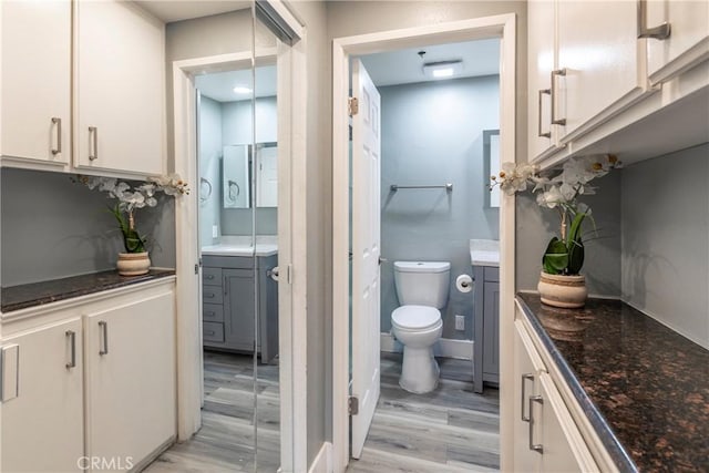 bathroom with vanity, hardwood / wood-style floors, and toilet