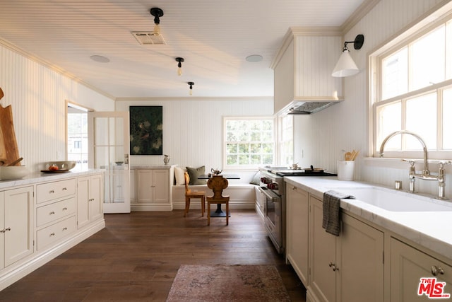 kitchen featuring stainless steel range, dark hardwood / wood-style flooring, sink, hanging light fixtures, and crown molding