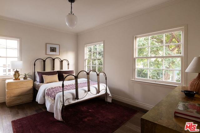 bedroom featuring crown molding and dark hardwood / wood-style floors